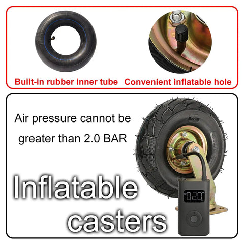 Premium Pneumatic Rubber Caster Wheels Featuring Heavy Duty Swivel Brakes For Back Breaking Carts And Tool Dollies Gotta Roll Slick Outdoors with built-in inner tube.