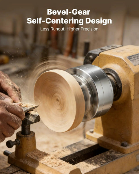 Built Tough 4 Inch Wood Lathe Chuck 4 Jaw Self Centering Bevel Gear Set with 1 Inch 8 TPI Thread in use on lathe