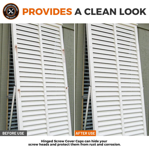 Before and after of shutters using Plastic Hinged Screw Cover Caps 150 White Snap On Caps With Flip Tops for clean finish.