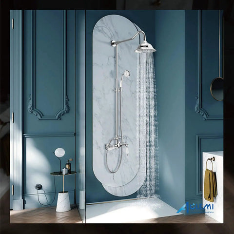 Polished Chrome Shower System With 8 Inch Rainfall Head 12 Inch Extension Tube Handheld Spray Dual Lever Mixer All Metal Brass
