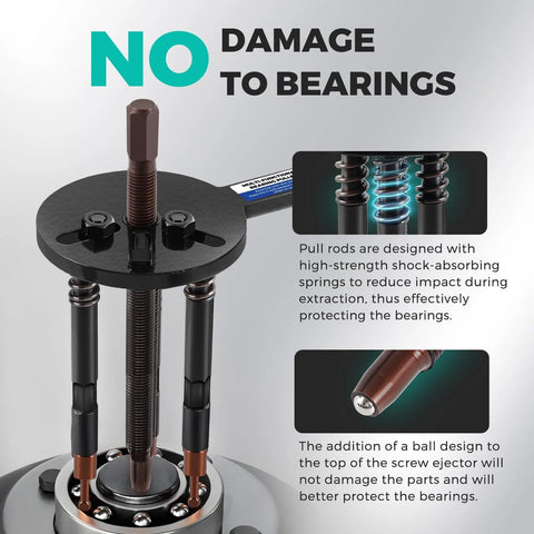 Bonvoisin bearing puller set, 33-in-1, three-jaw puller with curved hook and central screw, front view.