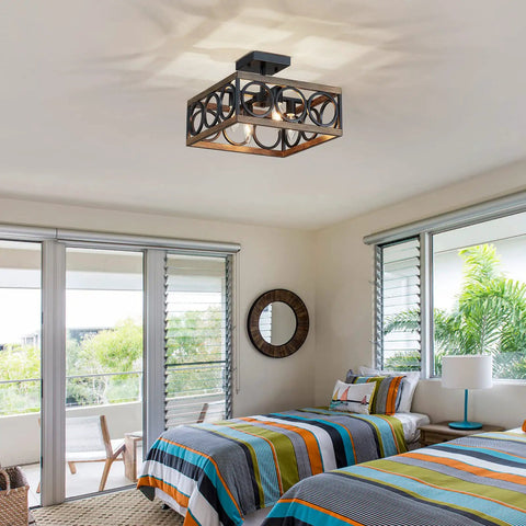 4 Light Modern Black Square Chandelier With Vintage Wood Grain Finish And 180 Degree Adjustable Pole in a bedroom setting