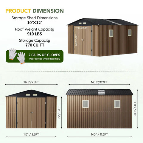 10x12 Ft Outdoor Storage Shed With Skylight Roof Panels, Beefy Rust-Resistant Metal Garden Tool Shed With Lockable Doors And Windows, Large Backyard Utility Storage For Patio Or Yard, Weatherproof Brown with dimensions