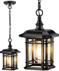 Outdoor Pendant Lights For Porch Black Exterior Hanging Lanterns Waterproof Aluminum Farmhouse Ceiling Light Fixture With Tempered Seed Glass Chandelier For Gazebo