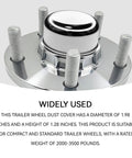 2 Pack 1.98 Inch Trailer Hub Dust Caps Keep Your Bearings Butter Smooth And Shielded From Road Grit With These Straight Shooting Grease Cup Covers For All RV And Camper Trailers, showing chrome dust cover on trailer hub.