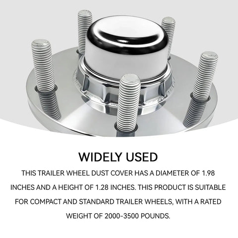 2 Pack 1.98 Inch Trailer Hub Dust Caps Keep Your Bearings Butter Smooth And Shielded From Road Grit With These Straight Shooting Grease Cup Covers For All RV And Camper Trailers, showing chrome dust cover on trailer hub.