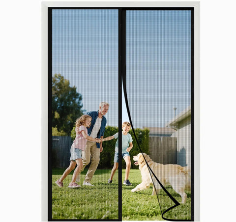 Family playing outdoors behind Upgraded Magnetic Screen Door Closure For 72 By 80 Inch Doors Reinforced Fiberglass Double Mesh Curtain