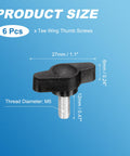 Heavy Duty M5 X 12mm Tee Wing Thumb Screws 6 Pack Carbon Steel Quick Swap Clamping Bolts, black handle and dimensions shown.