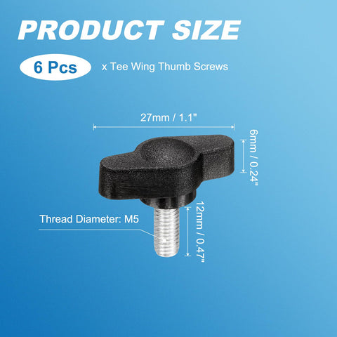 Heavy Duty M5 X 12mm Tee Wing Thumb Screws 6 Pack Carbon Steel Quick Swap Clamping Bolts, black handle and dimensions shown.
