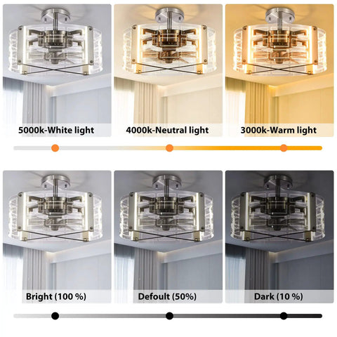 Ceiling Fan With Lights And Remote, 4-Light LED Chandelier Fandelier showing adjustable color temperature 3000K 4000K 5000K and brightness settings