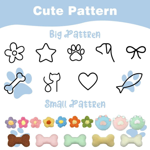 Custom Pet Toy Basket With Name Embroidery cute pattern guide for toy designs, featuring flowers, bones, and paw prints.