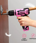 12V Cordless Drill Kit With Pink Design And LED Light 800 RPM Power Drill in use on wooden surface