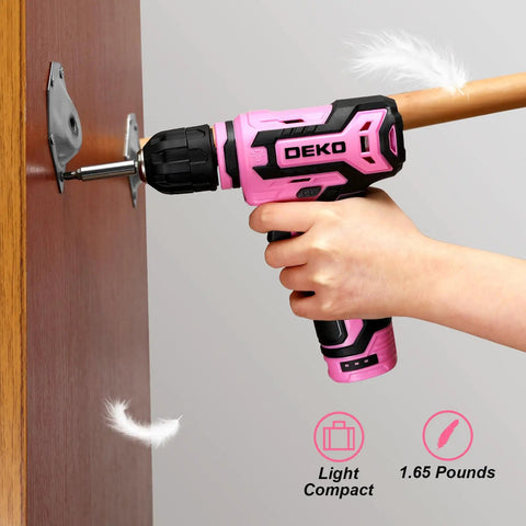 12V Cordless Drill Kit With Pink Design And LED Light 800 RPM Power Drill in use on wooden surface
