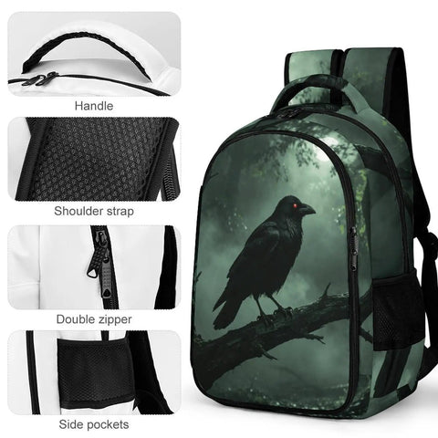 Dope Red Eye Crow Mist Woods Printed Backpack Unisex Large Capacity Daypack with smooth zipper and breathable shoulder strap.