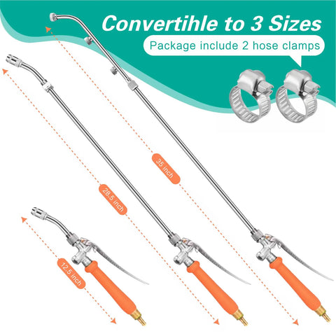 Heavy Duty Sprayer Wand With Three Nozzles For Flexible Garden And Lawn Care, showing three wand sizes with hose clamps
