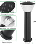 Solar Post Lights Outdoor 23.6 Inch, showing details of 9.1-inch top, 23.6-inch height, die-cast aluminum and mono-crystalline solar panel.