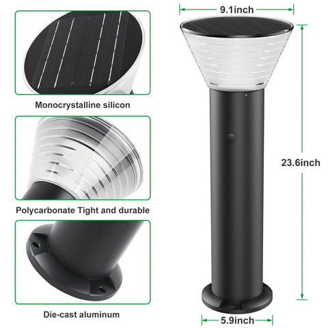 Solar Post Lights Outdoor 23.6 Inch, showing details of 9.1-inch top, 23.6-inch height, die-cast aluminum and mono-crystalline solar panel.