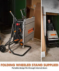 10 Inch Jobsite Table Saw with Wheeled Scissor Stand 15 Amp Motor, folded for transport through a doorway, heavy duty pro grade.
