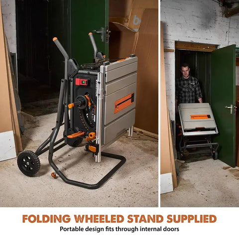 10 Inch Jobsite Table Saw with Wheeled Scissor Stand 15 Amp Motor, folded for transport through a doorway, heavy duty pro grade.