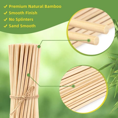 Straight Up Natural Bamboo Wooden Dowel Rods Quarter Inch by Twelve Inches Solid 50 Piece Craft Sticks stacked with smooth finishes.