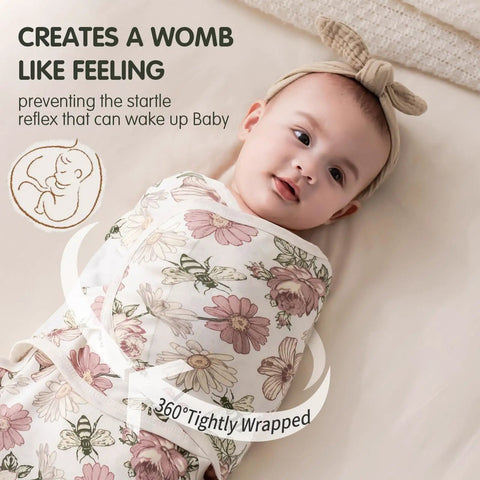 Baby wrapped in Ultra Soft Cotton Baby Swaddle Blanket 3 Pack For Newborns And Infants, floral small 0 to 3 months design.