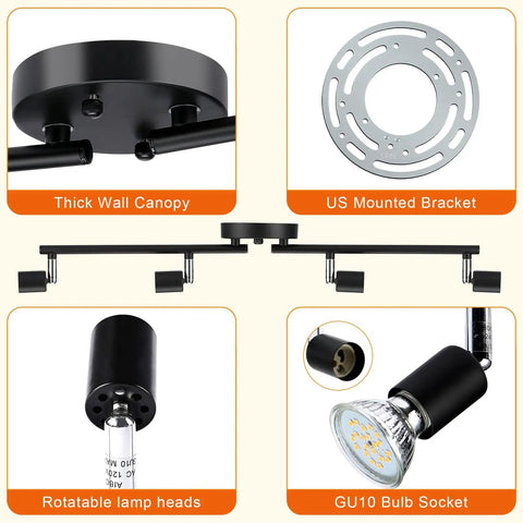 Four Head Foldable Track Lighting Kit With GU10 Sockets showing adjustable spot lights, wall canopy, mounting bracket, and bulb socket.