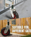 Six Inch Spring Loaded Gate Wheel Swivel Caster For Driveway Fences And Gates Beefy Heavy Duty 500 Lbs, shown installed on metal and wooden gates