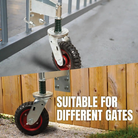 Six Inch Spring Loaded Gate Wheel Swivel Caster For Driveway Fences And Gates Beefy Heavy Duty 500 Lbs, shown installed on metal and wooden gates