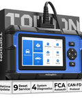 OBD2 Scanner Pro Grade With 9 Reset Services For ABS SRS AT Engine Oil Brake TPMS DPF SAS BMS Injector Coding And Free Lifetime Upgrades, shown with blue and black casing.