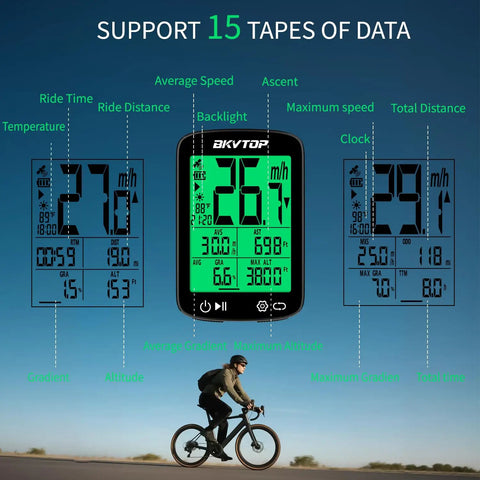 Cyclist with GPS Bike Computer With Wireless Data Sync And Green Auto Backlight 2.4 Inch LCD Screen Speedometer Odometer