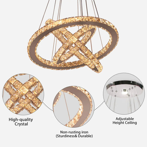 Dope Modern Crystal Ring Chandeliers LED Pendant Light With Adjustable Height And Ring Sizes 12, 16, 20 Inches Cool White Or Warm White Glow Glass And Stainless Steel Suspension Lamp showing high-quality crystal and adjustable design features.