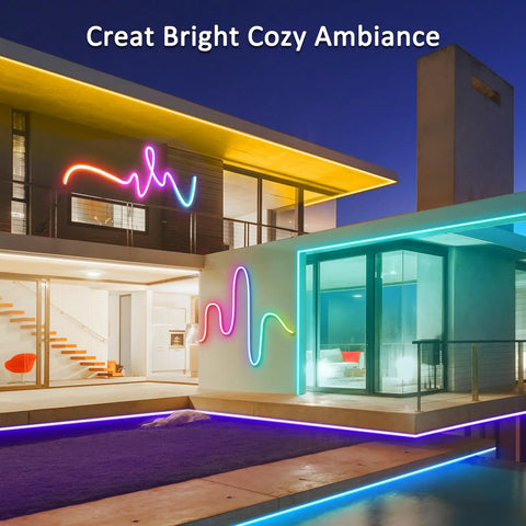 RGB Neon Rope Light 50 Feet LED Strip For Indoor Outdoor Use on modern house exterior at night