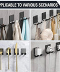 Heavy Duty Self Adhesive Razor Holder And Shower Hook Set In Stainless Steel Stick On Wall Hangers shown with various items.