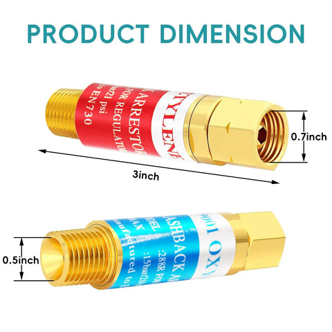Oxygen And Acetylene Flashback Arrestor Set For Regulators With 9/16-18 Threads End B Size Brass, 3 inch dimensions labeled