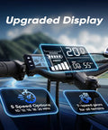 Upgraded display on Powerful 1500W Peak Electric Bike For Adults With 80 Mile Range, 20 MPH Top Speed, showing speed and settings