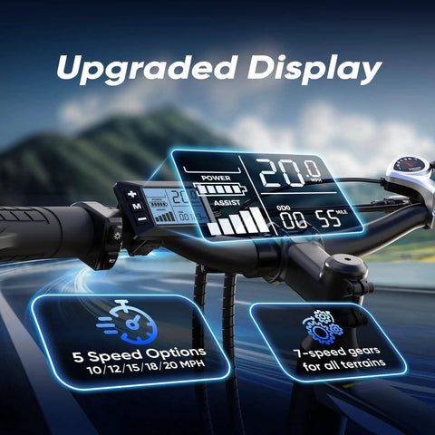 Upgraded display on Powerful 1500W Peak Electric Bike For Adults With 80 Mile Range, 20 MPH Top Speed, showing speed and settings
