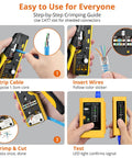 Instruction guide for RJ45 Pass-Through Crimp Tool For Cat7 Ethernet Cables with cable stripping, wire insertion, crimping, and testing steps.