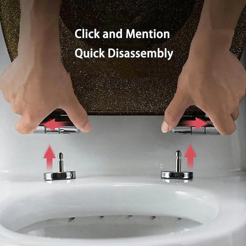 Hands demonstrating quick release mechanism on Heavy Duty Soft Close Toilet Seat With Badass Sparkly Resin Lid, Elongated Design.