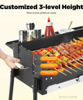 Portable Charcoal Grill With Three Gear Height Adjustment For Three To Eight People, skewers on 25.79 by 11.42 inch cooking surface.