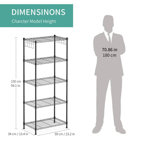 Beefy Five Shelf Heavy Duty Metal Storage Rack With Adjustable Wire Shelves next to height comparison model, 59.1 H dimensions shown