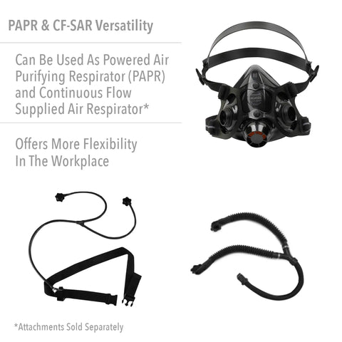 NIOSH-Approved Half Mask Silicone Respirator Small with attachments for PAPR and CF-SAR versatility setup.