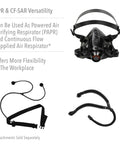 Half Mask Silicone Respirator NIOSH-Approved Large Black With Contoured Seal showcased with attachments and versatility text