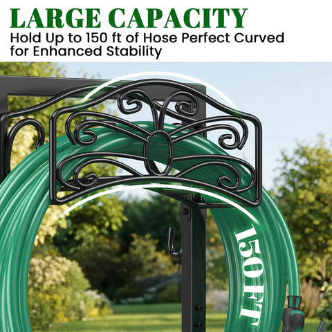 Freestanding Garden Hose Holder Stand With Heavy Duty Build holding 150 foot water hose in outdoor lawn garden view