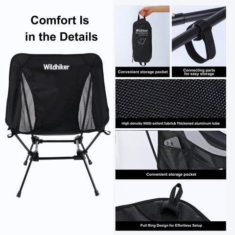 Front view of Grab-And-Go Lightweight Camping Chair For Adults Folding Portable Chair with square base and carry bag, 2.16 lbs.