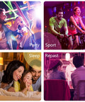 Scenes with Color Changing LED Candelabra Bulb With Remote, 12 Color Modes And Cool White 5000K in party, gym, home, and dining settings.