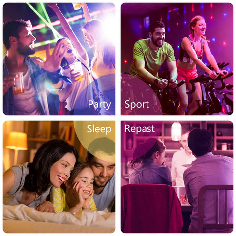 Scenes with Color Changing LED Candelabra Bulb With Remote, 12 Color Modes And Cool White 5000K in party, gym, home, and dining settings.