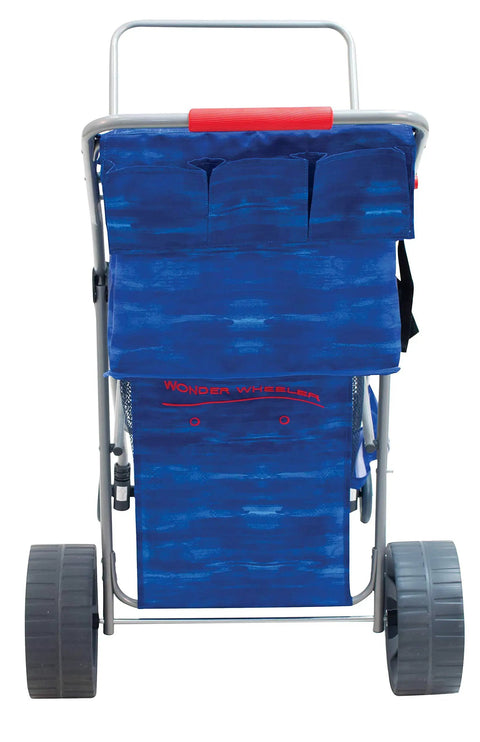 Rear view of all-terrain foldable beach cart with 10 inch wheels, blue fabric, holds 48 quart cooler and four chairs, easy to pull.