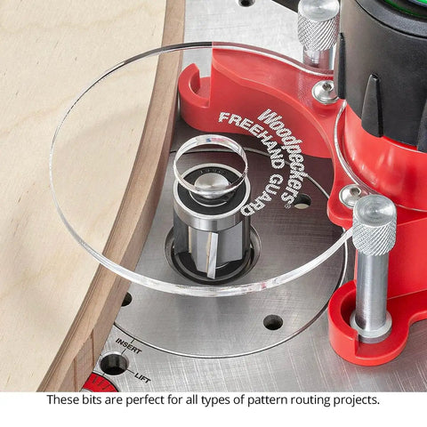 Badass Four Piece Router Bit Set With Alternating Shear Geometry for flush cutting on a router table with clean edges.