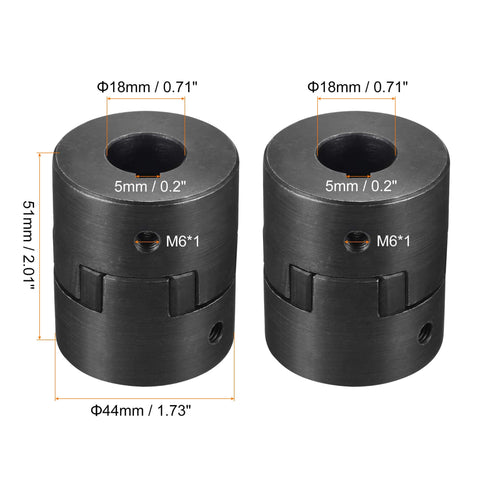Two 18mm to 18mm flexible coupling shafts with 5mm slots, 51mm length, 44mm OD, made of 45 steel for servo and stepper motors.