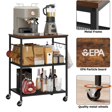 Smooth Rolling 3 Tier Kitchen Microwave Cart Sturdy Steel Build Easy Glide Casters Coffee Bar Station with appliances and drinks.